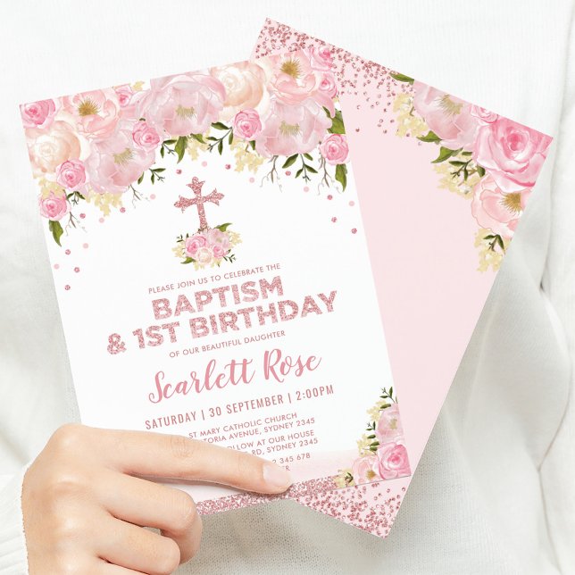 Invitation Baptême Or Rose Floral Joli Blush 1er Anniversaire (Créateur téléchargé)