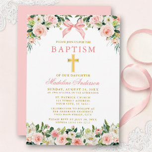 Invitation Baptême Or Ruban Rose Floral Aquarelle