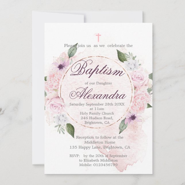 Invitation Baptême ou baptême couronne de Roses floraux (Devant)