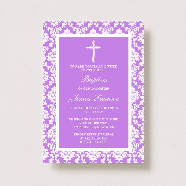Invitation Baptême Ou Baptême De Croix De Damas Violet (Créateur téléchargé)