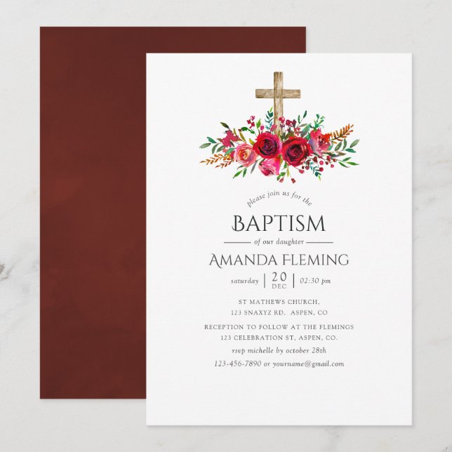 Invitation Baptême ou baptême de la florale rouge bordeaux (Devant / Derrière)
