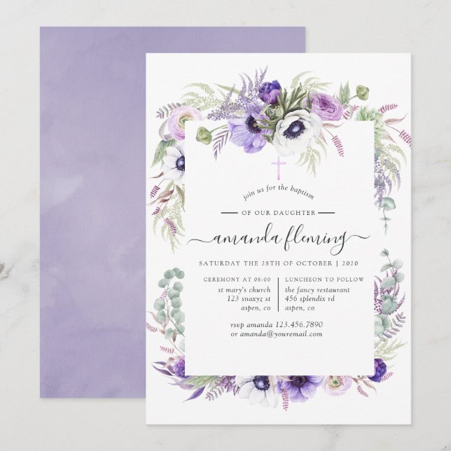 Invitation Baptême ou baptême floral de pourpre violet (Devant / Derrière)
