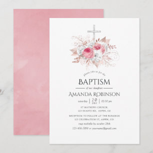 Invitation Baptême ou baptême floral d'or bleu et Rose