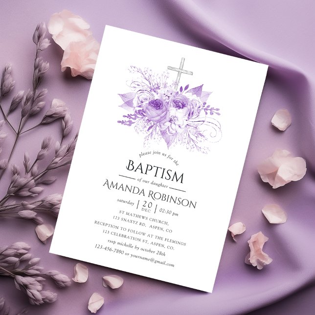 Invitation Baptême ou baptême floral Lilac et Argent (Créateur téléchargé)