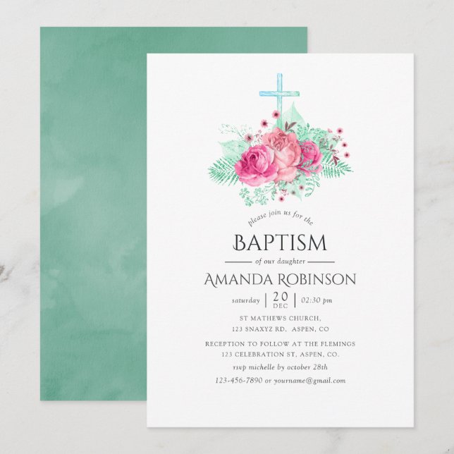 Invitation Baptême ou baptême floral rose et menthe (Devant / Derrière)