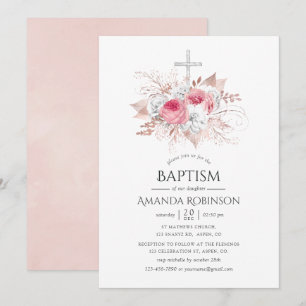 Invitation Baptême ou baptême Floral rose or et blush