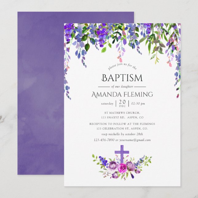 Invitation Baptême ou baptême floral ultra violet (Devant / Derrière)