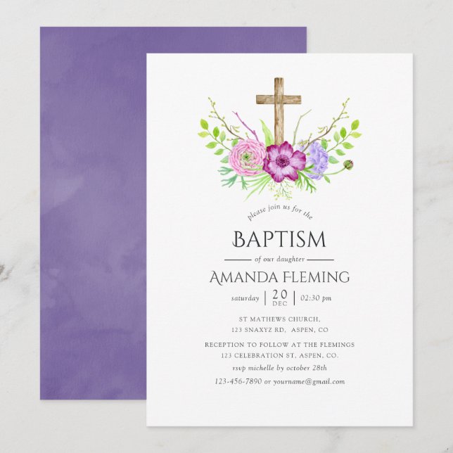 Invitation Baptême ou baptême floral violet et prune (Devant / Derrière)
