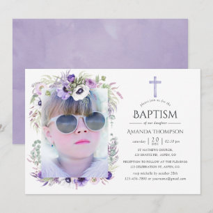 Invitation Baptême ou baptême floral violet poussiéreux