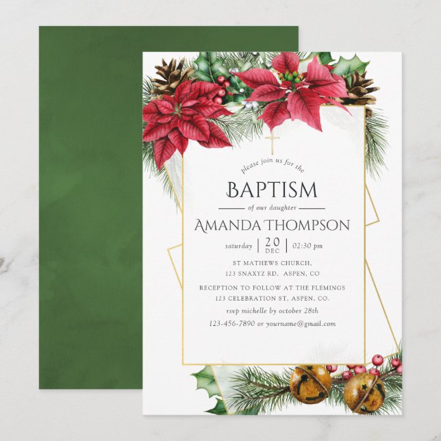 Invitation Baptême ou baptême géométrique de Noël floral (Devant / Derrière)