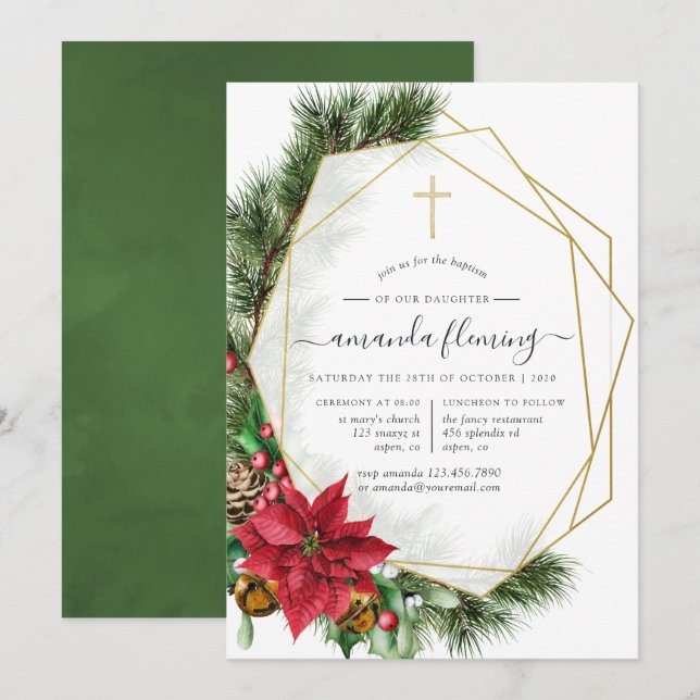 Invitation Baptême ou baptême géométrique de Noël floral (Devant / Derrière)
