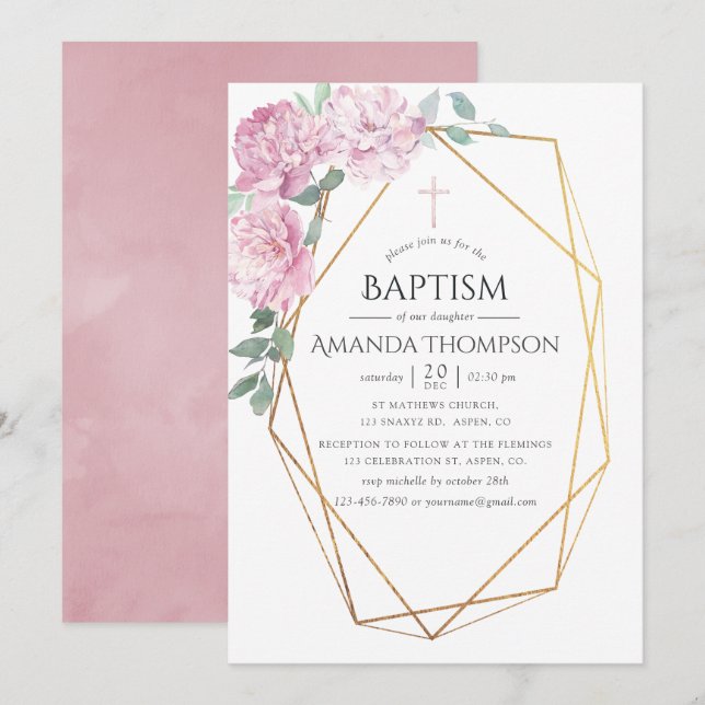Invitation Baptême ou baptême géométrique floral rose (Devant / Derrière)