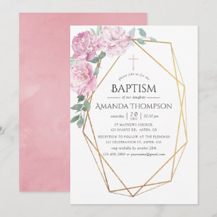 Invitation Baptême ou baptême géométrique floral rose