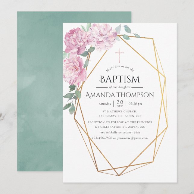 Invitation Baptême ou baptême géométrique rose et menthe (Devant / Derrière)
