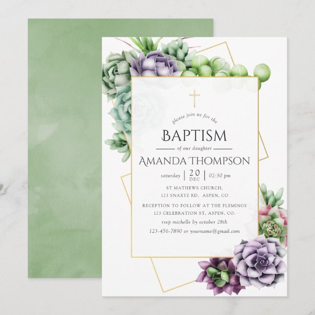 Invitation Baptême ou baptême géométrique Succulent (Devant / Derrière)