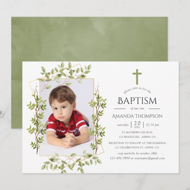 Invitation Baptême ou baptême géométrique verdoyant (Devant / Derrière)