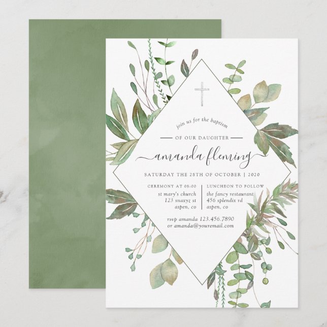 Invitation Baptême ou baptême géométrique verdoyant (Devant / Derrière)