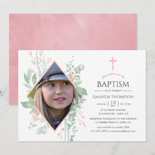 Invitation Baptême ou Christening à la verdure rose pastel