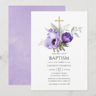 Invitation Baptême ou Christening à thème floral lilas
