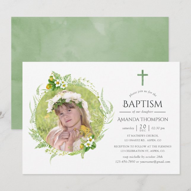 Invitation Baptême ou Christening de verdure de campagne (Devant / Derrière)