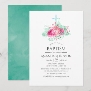 Invitation Baptême ou Christening floral rose et menthe