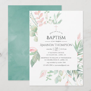 Invitation Baptême ou Christening Vert Tendre Pastel Rose