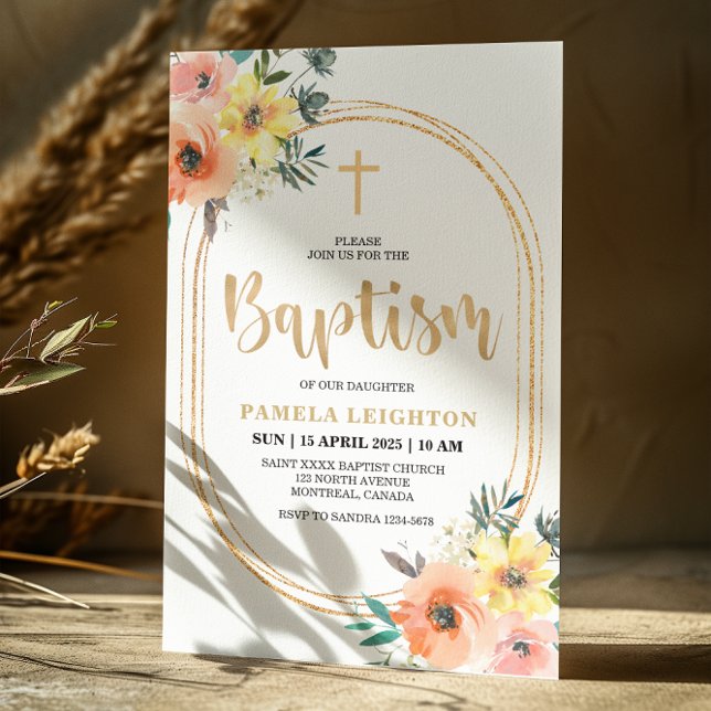 Invitation Baptême ovale Orange Floral (Créateur téléchargé)