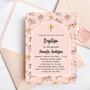 Invitation Baptême Pampas fleurs rose or rose luxe