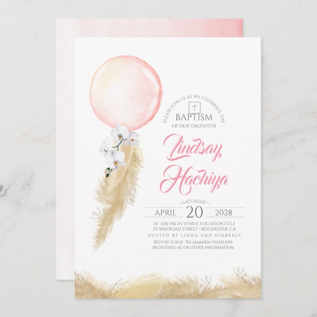 Invitation Baptême Pampas Grass Rose Floral Balloon (Devant / Derrière)