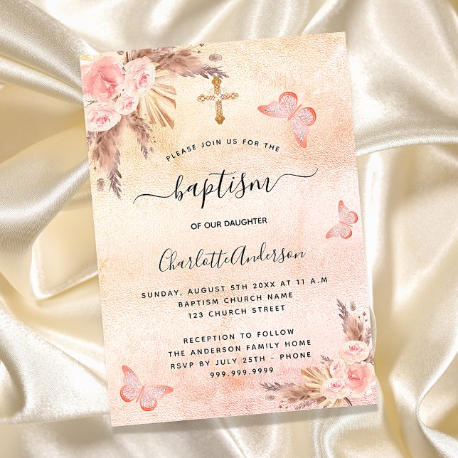Invitation Baptême pampas herbe blush papillon fleuri luxe (Créateur téléchargé)