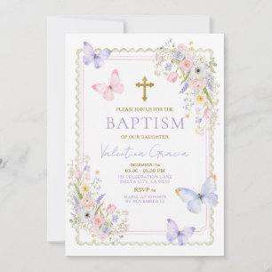 Invitation Baptême Papillon Floral Croix Dorée Fleurs