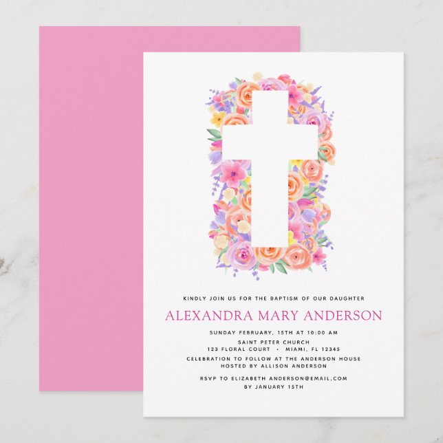 Invitation Baptême Pastel Floral Rose Croix (Devant / Derrière)