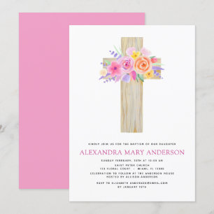 Invitation Baptême Pastel Floral Rose Croix