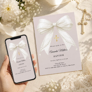 Invitation Baptême perles rose taupe ivoire ruban