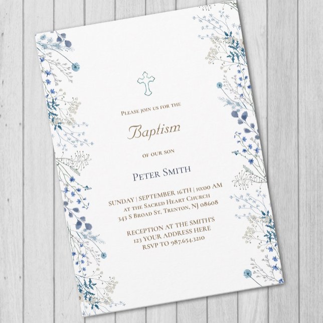 Invitation Baptême petites fleurs d'aquarelle bleue (Créateur téléchargé)
