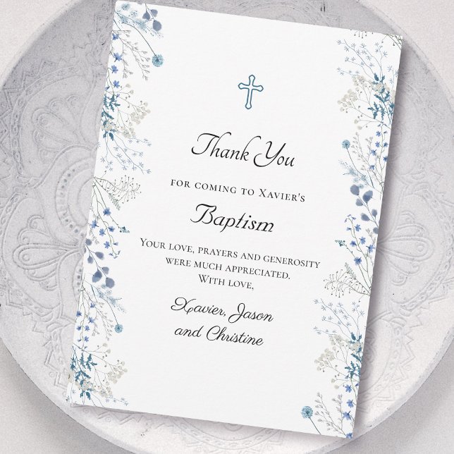 Invitation Baptême petites fleurs d'aquarelle bleue merci (Créateur téléchargé)