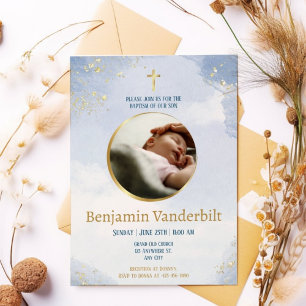 Invitation Baptême photo Blue Gold avec poème
