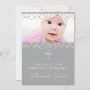 Invitation Baptême photo de bébé fille croix perle grise rose