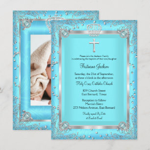 Invitation Baptême Photo Étincelant Bleu Canard Christening
