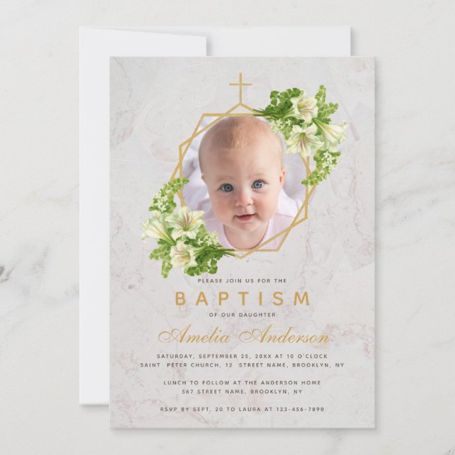 Invitation Baptême Photo Florale Géométrique Lys blancs Marbr (Devant)