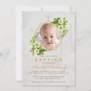 Invitation Baptême Photo Florale Géométrique Lys blancs Marbr