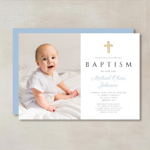 Invitation Baptême photo garçon croix script bleu bébé modern
