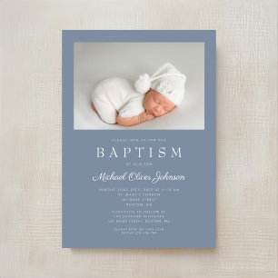Invitation Baptême photo garçon moderne bleu poussiéreux