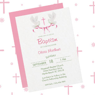 Invitation Baptême Pink Cross Doves filles
