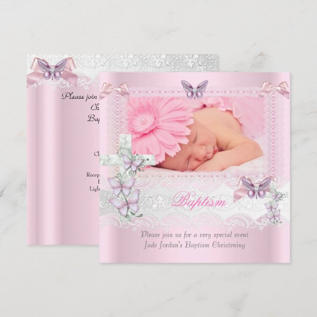 Invitation Baptême Pink dentelle Photo Papillon Croix Fille (Devant / Derrière)