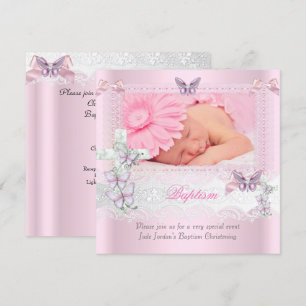 Invitation Baptême Pink dentelle Photo Papillon Croix Fille