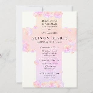 Invitation Baptême Pink Hydrangea Floral Cross Christian