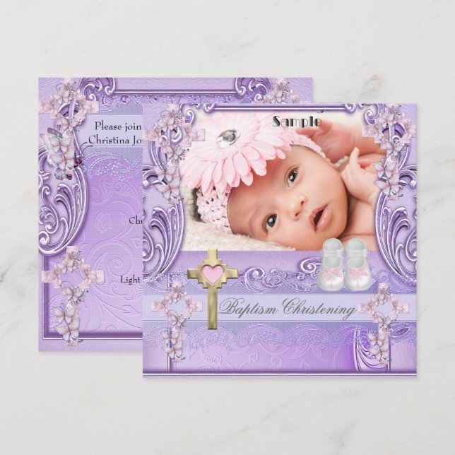 Invitation Baptême Pink Lilac Cross Girl Photo Christening (Devant / Derrière)