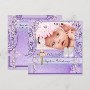 Invitation Baptême Pink Lilac Cross Girl Photo Christening