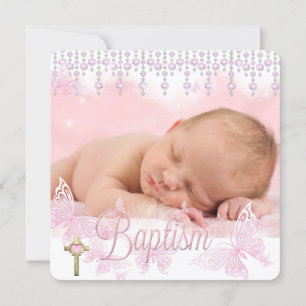 Invitation Baptême Pink Silver Butterfly Cross